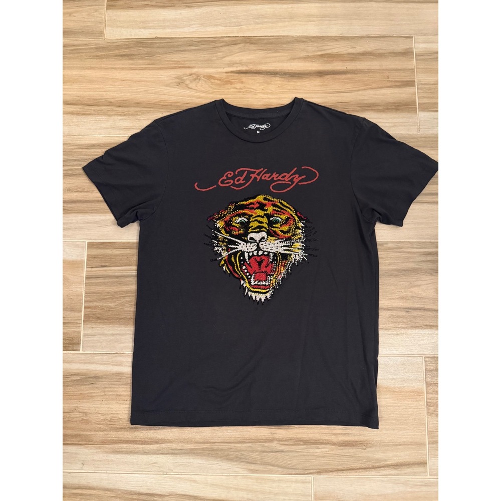 Ed Hardy Mens Tiger Rhinestone Graphic T-Shirt Black Short Sleeve Size‎ M
